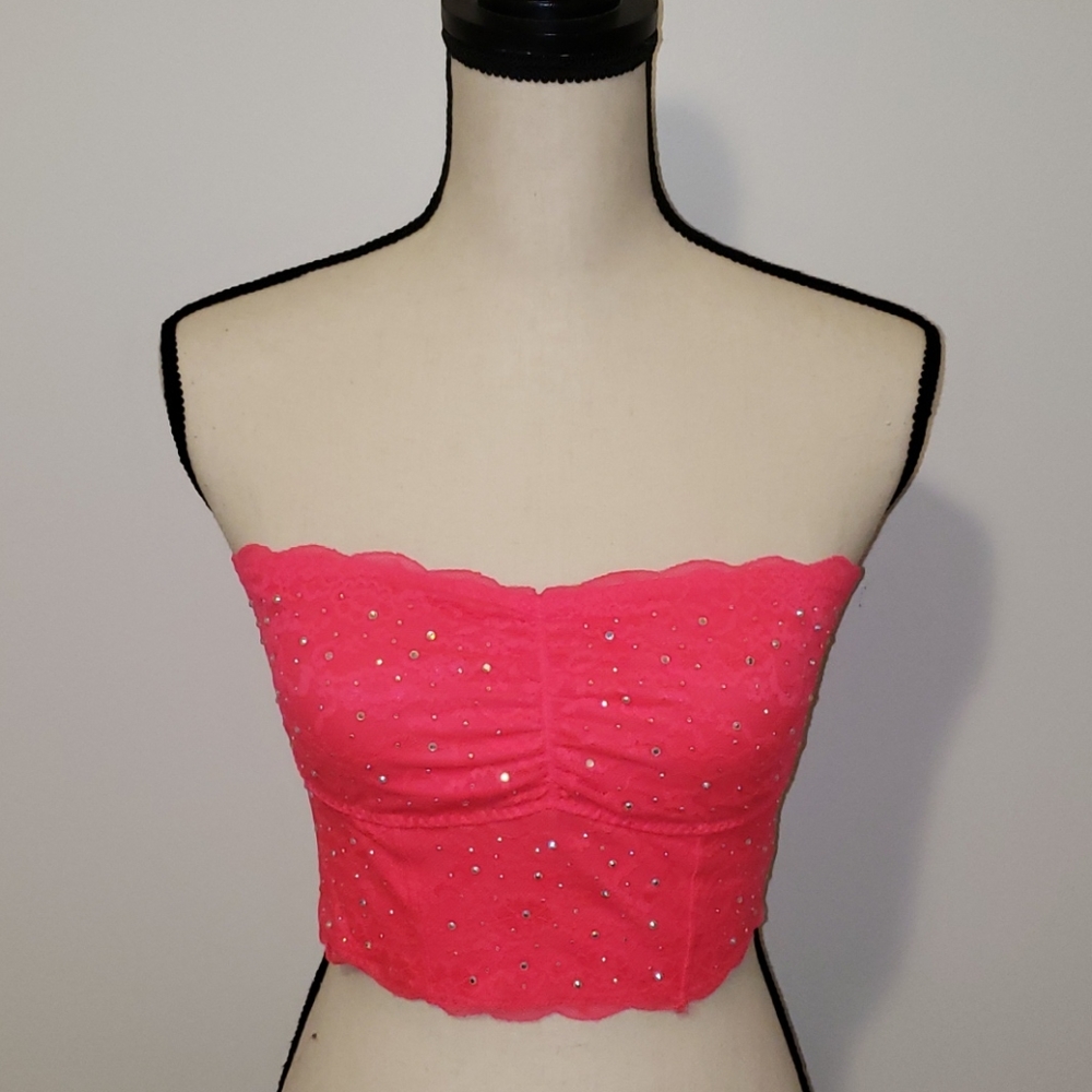 PINK VS Lace Rhinestone Bandeau Hot Pink Medium